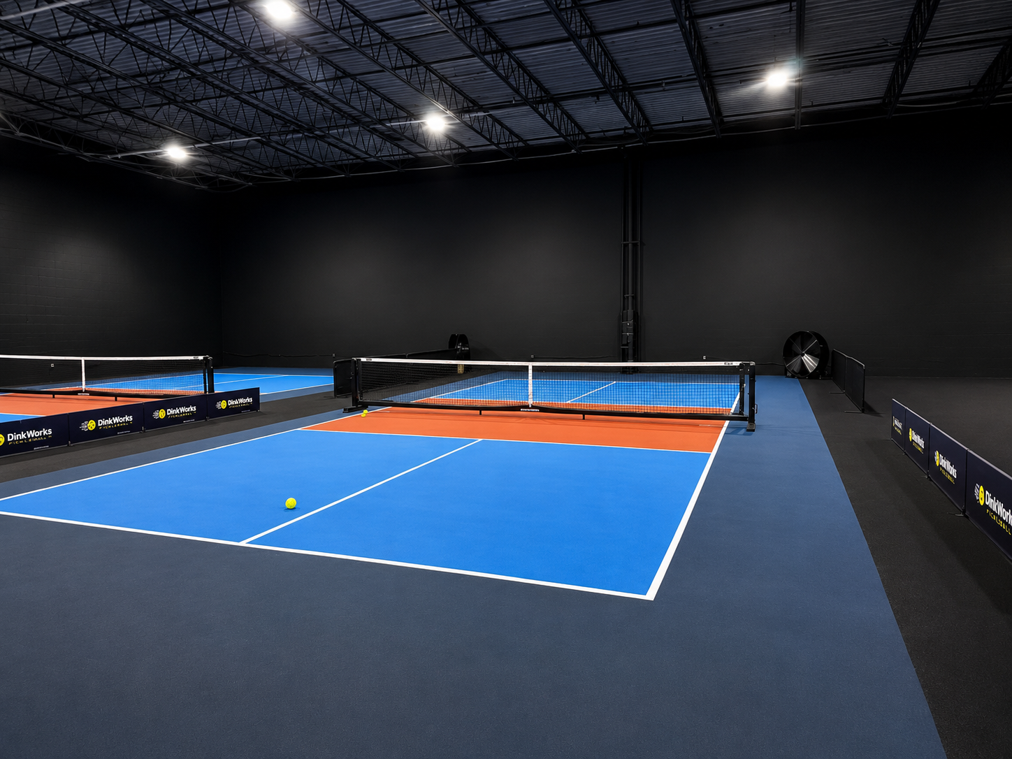 Two indoor pickleball courts at DinkWorks Pickleball in Ellijay, Georgia
